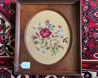 U1 - $30 . Wooden Framed needlepoint. Measures 14" wide x 16" tall.