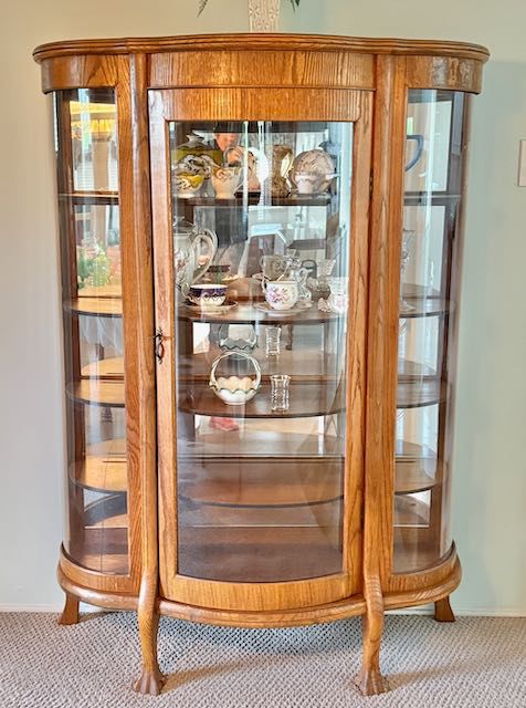 vintage oak bow front glass curio cabinet