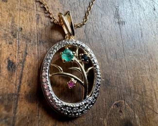 Sterling Silver Necklace with Sterling Silver Vermeil Two Tone Emerald Sapphire Ruby Mothers Pendant