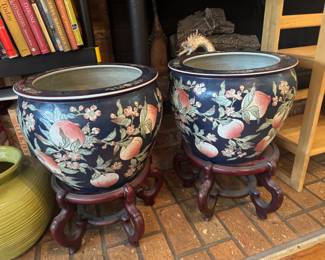 Large Hand-Painted Chinese Porcelain Fishbowl Planters