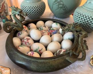 Bronze Double Dragon Bowl with Hand-painted marble eggs