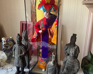 Okinawan Geisha Doll with Display Case & Terracotta Army Figurines