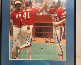 Framed 1984 USA Olympic Baseball Team Autographed by Mark McGwire, Will Clark, and Cory Snyder. 