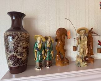 Vintage Chinese Cloisonne Dragon Vase, Vintage Wooden & Porcelain Fishermen