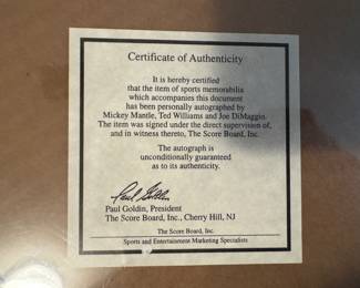 Autographed Photo of Joe Dimaggio, Mickey Mantle & Ted Williams with COA