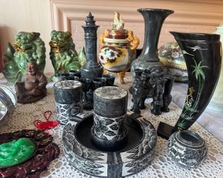 Large Collection of Asian Black Marble Vases & Green Marble Foo Dogs