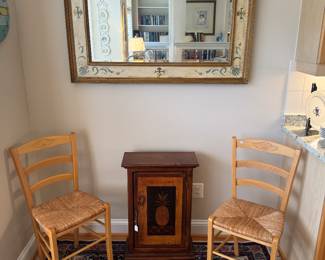 Pineapple 1 Drawer Side Table (20"W x 9"D x 28"H) with 2 Rush Seated Side Chairs & Antiqued Hand-Painted Wall Mirror (46"W x 34"H)