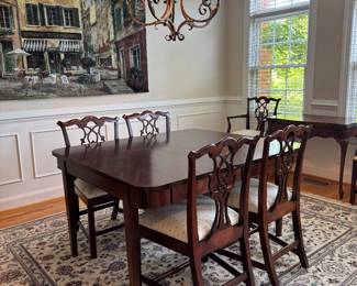 Hand-made Mahogany Rectangular Dining Table via Purcellville, VA (48"W x 30"H x 56"L with 2 Leaves 16"L each) with Matching Upholstered Seat Chippendale Style Dining Chairs (6 Side Chairs & 2 Armchairs)