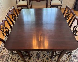 Hand-made Mahogany Rectangular Dining Table via Purcellville, VA (48"W x 30"H x 56"L with 2 Leaves 16"L each) with Matching Upholstered Seat Chippendale Style Dining Chairs (6 Side Chairs & 2 Armchairs)