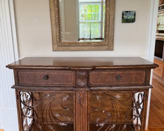 Mahogany Claw Foot 2 Leather Faced Drawer / 2 Door Open Air Core Sideboard (20-1/2"D x 51-1/2"W x 38"H) with Textured Gold Guild Accent Mirror (28"W x 32"H)