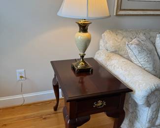 Queen Anne Style 1 Drawer Side Table (27"D x 18"W x 23"H) with Stiffel Porcelain Body Table Lamp (2 Available)