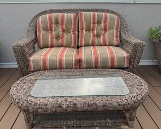 Outdoor Wicker Loveseat (56"W x 33"D x 38" Back Height) with Outdoor Wicker Rounded Rectangular Coffee Table (41"W x 22-1/2"D x 18"H)