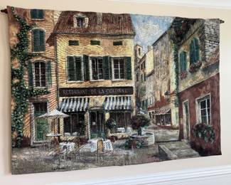Hanging "Restaurant de la Colonne" Fine Art Tapestry Inscribed Fabrice de Villeneuve (50"H x 70"W)