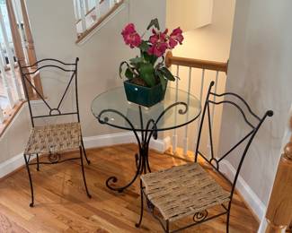 Iron Base / Glass Top Accent Table (30"D x 30"H) & 2 Iron Base with Wicker Seat Side Chairs