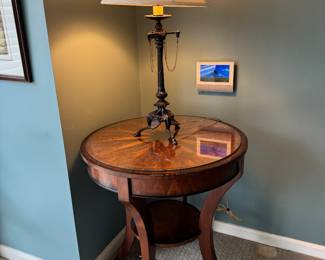 Global Direct LLC Round 2 Tier Inlayed Occasional Table with Removable Glass Top (28"D x 30"H) with Iron Lions Face Table Lamp (2 Available)