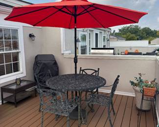 Outdoor Cast Aluminum Round Patio Table (49"D x 30-1/2"H) with 4 Armchairs & Brand New Umbrella / All Outdoor Plants Also Available