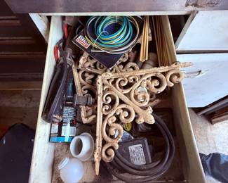 Drawer Lot with Hardware, Tools & Decorative Brackets – Hampshire IL Estate Sale
Assorted drawer contents including ornate metal wall brackets, cords, wiring, hand tools, and miscellaneous hardware. Perfect mixed lot for DIY projects. #AuntBeesEstateSale Hampshire, Illinois.