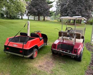 Pair of Running Golf Carts – Hampshire IL Estate Sale
Two fully running golf carts, including a rare Harley-Davidson red cart with Chevy-style rear body and a maroon EZGO cart with canopy. Both in working condition — ideal for personal transport, farm use, or collector restoration. Don’t miss these hard-to-find gems at #AuntBeesEstateSale in Hampshire, Illinois