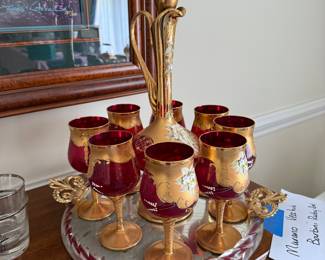 Rare Italian Murano Glass Gold Leaf Decanter-8 Glasses and Tray Set- $350 for all