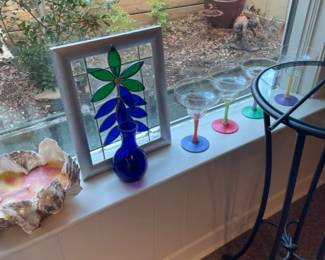 Stained glass collectible w/ blue glass vase, Shell Candle, fun martini glasses