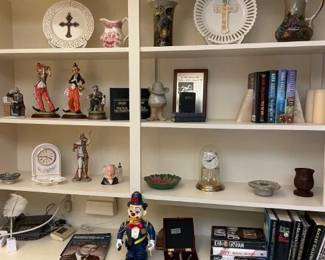 Bric-a-brac and Clowns, Clocks, decorative plates and collectibles. Note: Cute Policeman Clown.