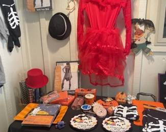 Halloween misc. Costumes, plates, doggie costumes