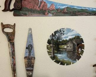 Hand Painted sawblade, hinge and saws.