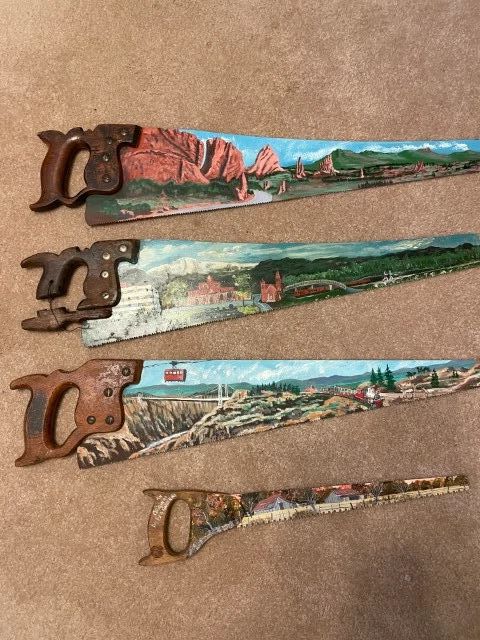 Painted Handsaws. Handles very interesting & unique.