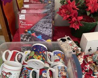 Christmas coffee mugs, light clips, misc