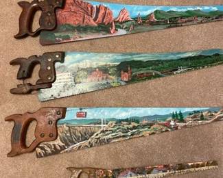 Painted Handsaws.  Handles very interesting & unique.