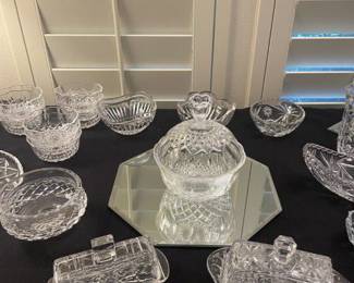 Crystal candy dish, butter dishes, bowls, misc. Mirrors not for Sale