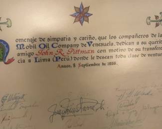 Framed Wall Document between Mobil Oil Company de Venesuela and John R. Pittman w/ signatures