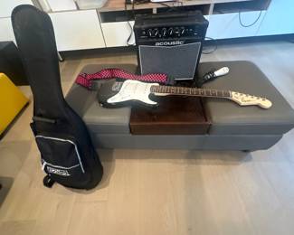 Squier guitar, amplifier microphone