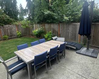 Outdoor patio table set with 8 chairs, umbrella with stand & lounge chair