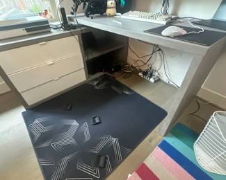 Desk & return with drawers/shelves, floor mat, (note: laptop, mouse, keyboard, racing wheel not for sale)
