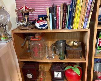 Books, milk jugs, clocks