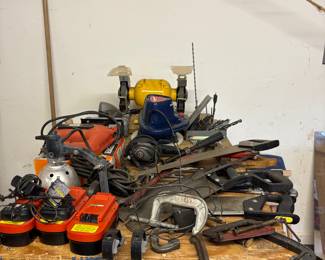 Saws, power tools, bench grinder, clamps