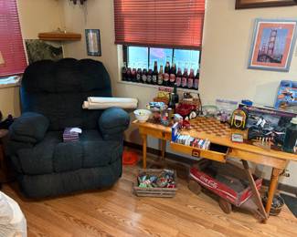 Recliner, vintage soda bottles, handmade table