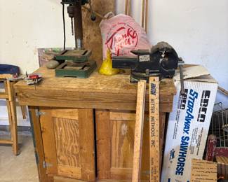 Drill press, cabinet, tool box, sawhorses