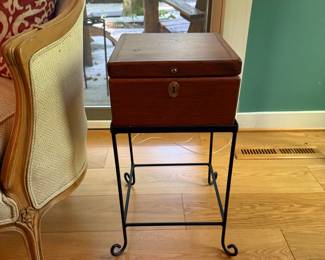 Vintage Early American Primitive Style Decorative Solid Wooden Box on Wrought Iron Stand- $150
12ʺW × 12ʺD × 23.5ʺH
