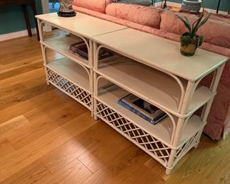 Palm Beach Regency White Lattice Rattan Console Table - 2 available -$225 each  
31 wide 
28 tall
16 deep 