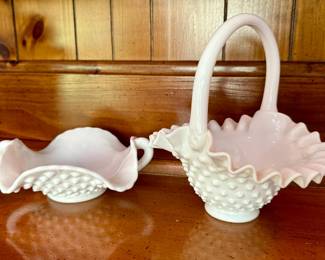 Milk glass hobnail ruffle bowl and basket, possibly Fenton