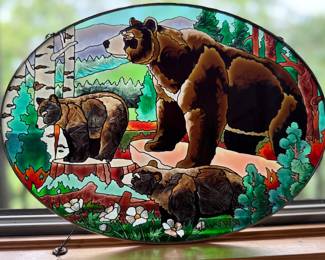 Painted glass mama bear and cubs suncatcher