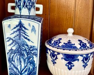 Andrea by Sadek porcelain blue and white vase and covered dish