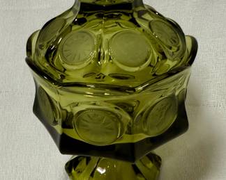 Fostoria Coin Glass olive green covered candy dish