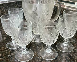 Vintage Jeannette Iris & Herringbone pattern pitcher and goblet set