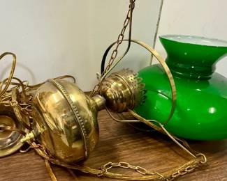 Brass ceiling light with green glass shade