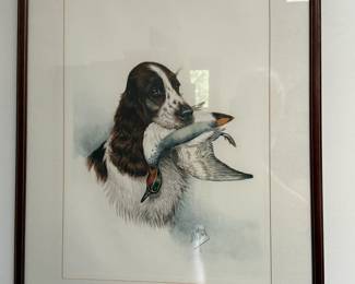 Framed lithograph "English Springer Spaniel with Woodcock" by Boris Riab