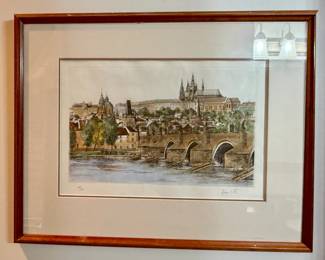 Framed watercolor etching of St. Charles Bridge in Prague signed by artist (#47/100)