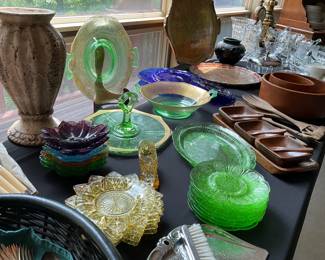 L.G. Wright glass dishes & Indiana carnival glass, Teak wood pieces, Depression glass